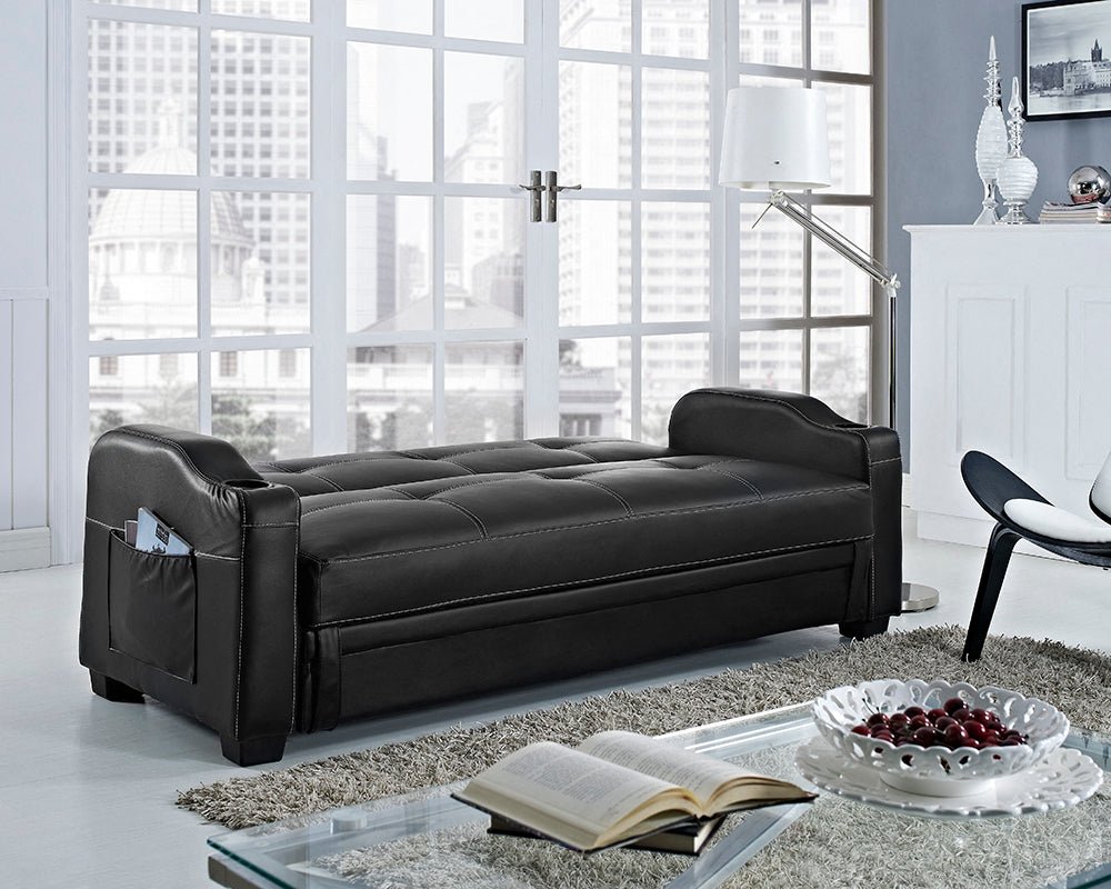 Nebraska Faux Leather Sofa Bed With Storage and Cupholders, Black Faux Leather - Image 4