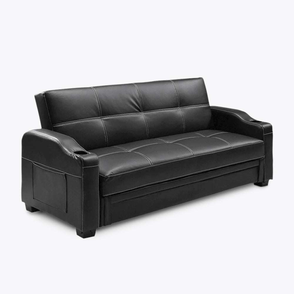 Nebraska Faux Leather Sofa Bed With Storage and Cupholders, Black Faux Leather - Image 5