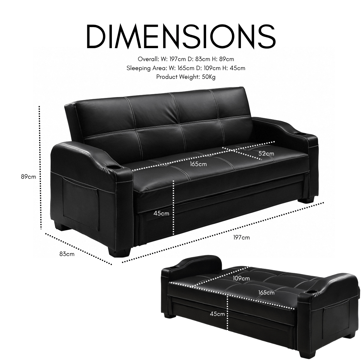 Nebraska Faux Leather Sofa Bed With Storage and Cupholders, Black Faux Leather - Image 3