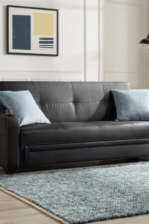 Nebraska Faux Leather Sofa Bed With Storage and Cupholders, Black Faux Leather