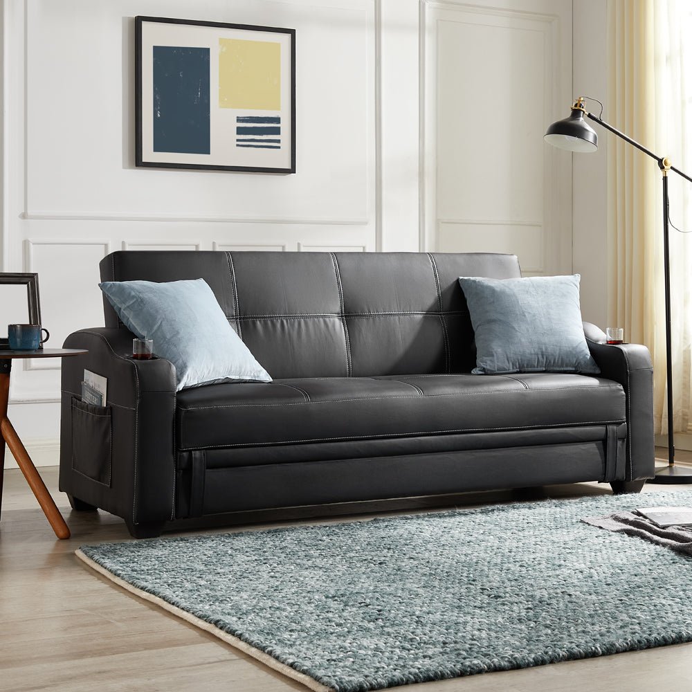 Nebraska Faux Leather Sofa Bed With Storage and Cupholders, Black Faux Leather