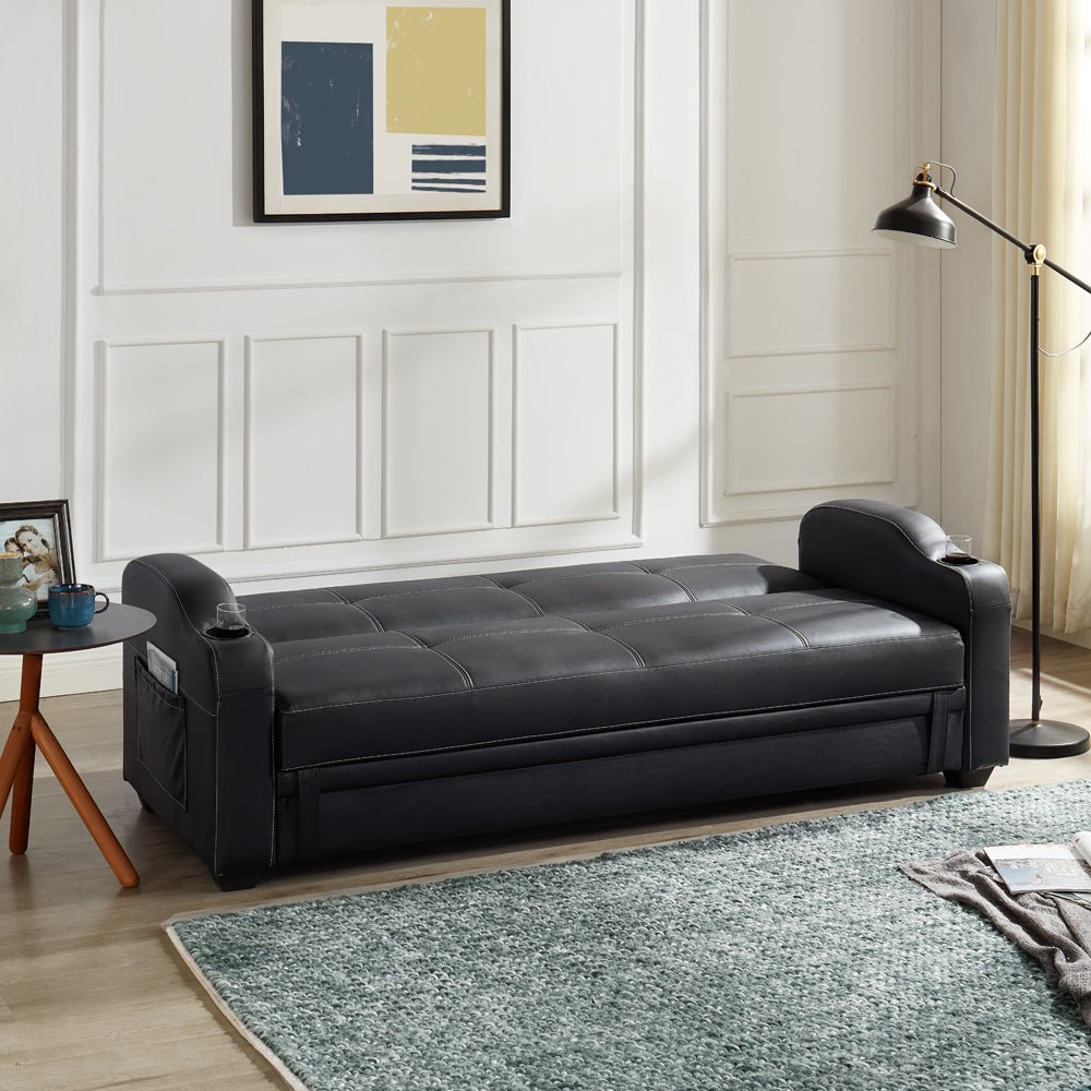 Nebraska Faux Leather Sofa Bed With Storage and Cupholders, Black Faux Leather - Image 2
