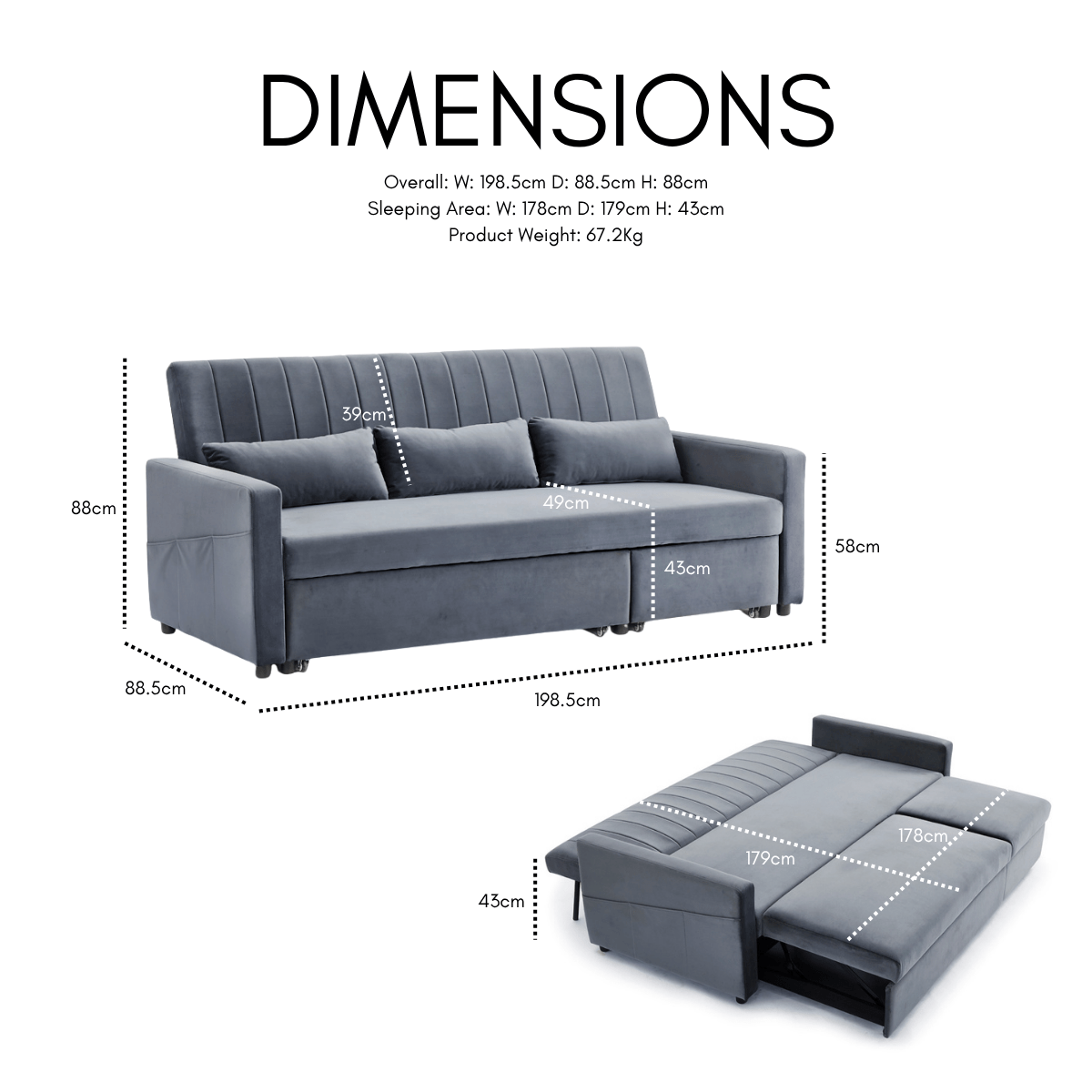 Devon Velvet Pull-Out Sofa Bed Storage Pocket Chaise, Blue Velvet - Image 3