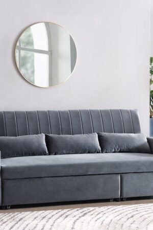 Devon Velvet Pull-Out Sofa Bed Storage Pocket Chaise, Dark Grey Velvet