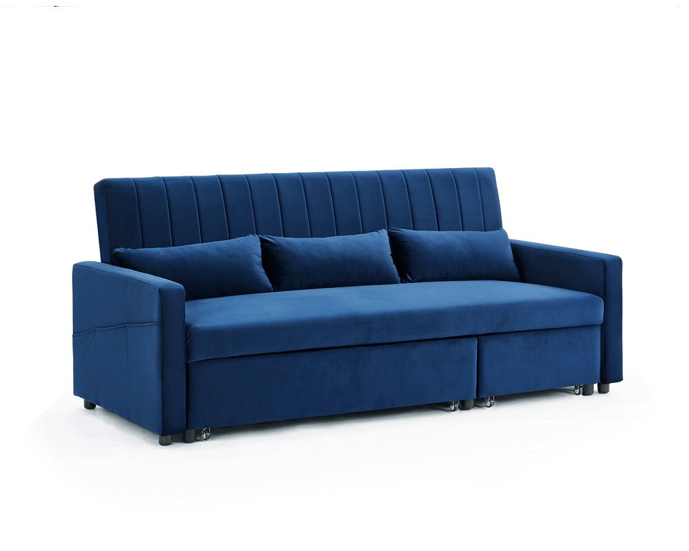 Devon Velvet Pull-Out Sofa Bed Storage Pocket Chaise, Blue Velvet - Image 4
