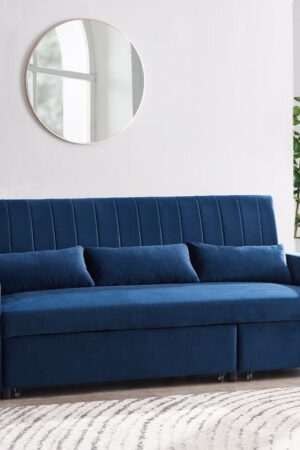Devon Velvet Pull-Out Sofa Bed Storage Pocket Chaise, Blue Velvet
