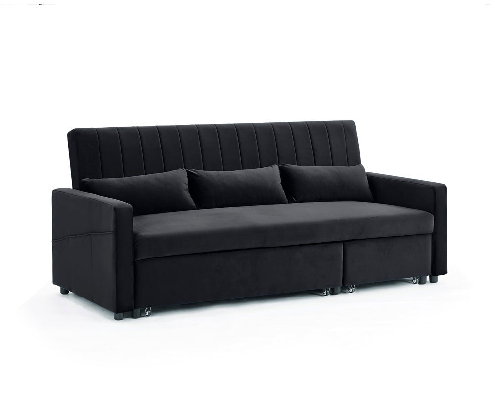 Devon Velvet Pull-Out Sofa Bed Storage Pocket Chaise, Black Velvet - Image 2