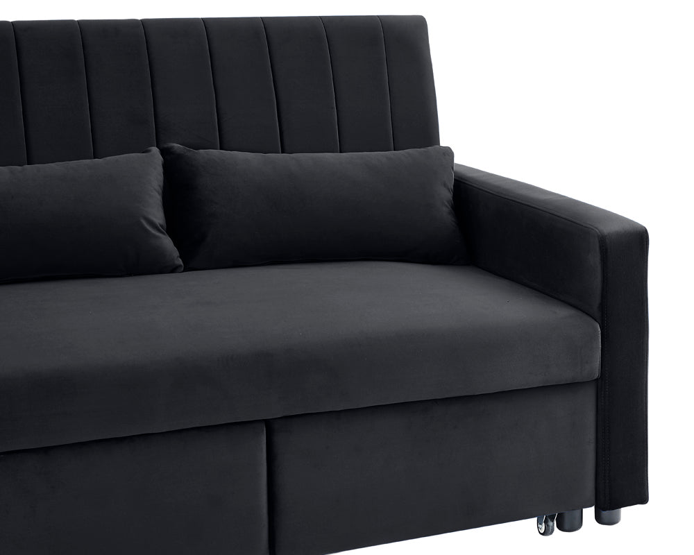 Devon Velvet Pull-Out Sofa Bed Storage Pocket Chaise, Black Velvet - Image 5