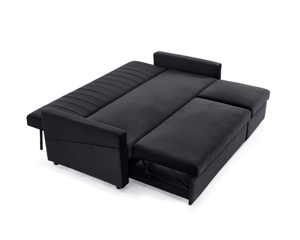 Devon Velvet Pull-Out Sofa Bed Storage Pocket Chaise, Black Velvet - Image 4