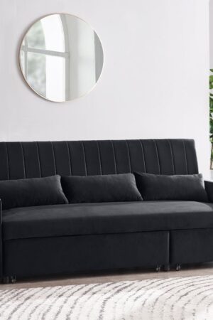 Devon Velvet Pull-Out Sofa Bed Storage Pocket Chaise, Black Velvet