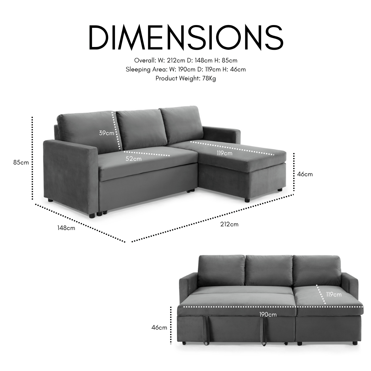 Dorset Fabric Pull-Out sofa Bed Reversible Chaise with Storage, Blue Velvet - Image 3