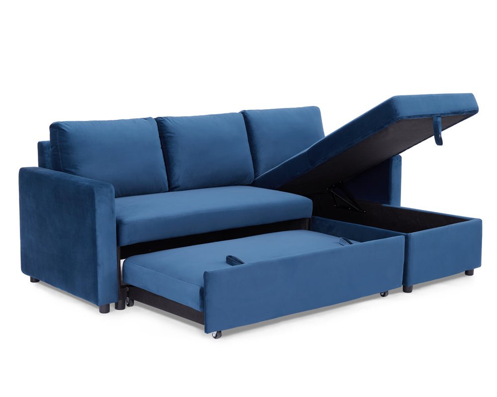 Dorset Fabric Pull-Out sofa Bed Reversible Chaise with Storage, Blue Velvet - Image 13