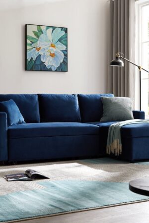 Dorset Fabric Pull-Out sofa Bed Reversible Chaise with Storage, Blue Velvet