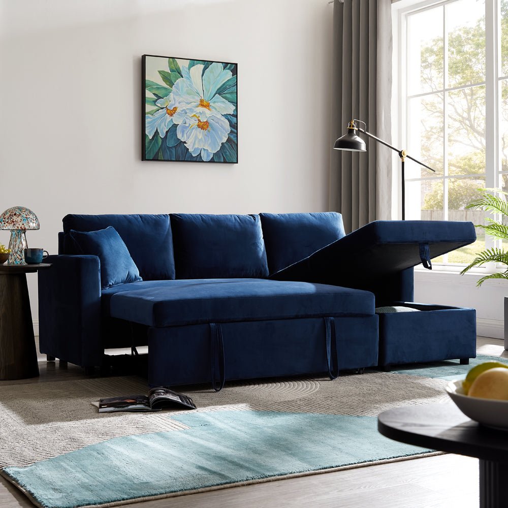 Dorset Fabric Pull-Out sofa Bed Reversible Chaise with Storage, Blue Velvet - Image 2