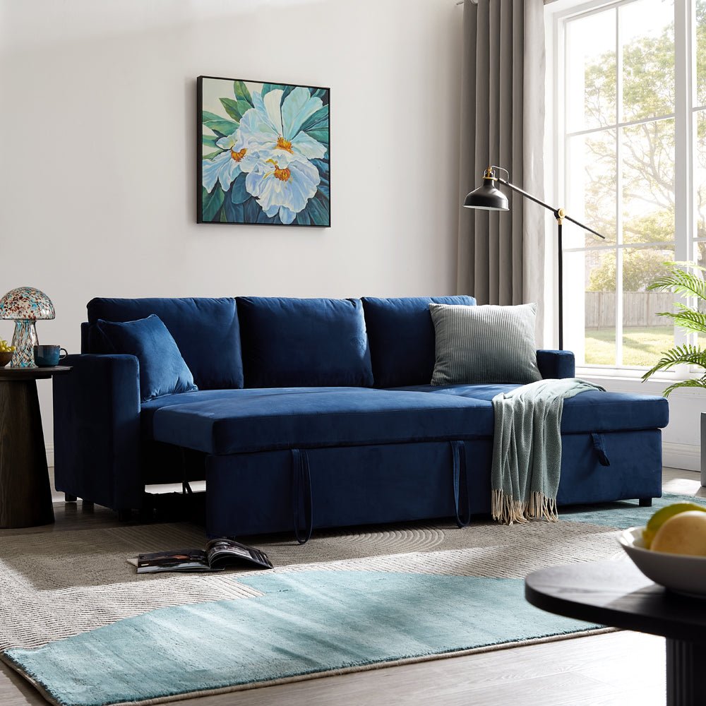 Dorset Fabric Pull-Out sofa Bed Reversible Chaise with Storage, Blue Velvet - Image 4