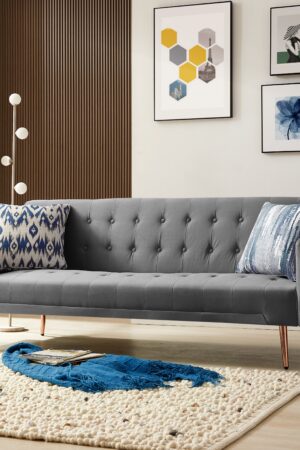 Windsor Velvet Sofa Bed With Rose Gold Metal Legs, Grey Velvet