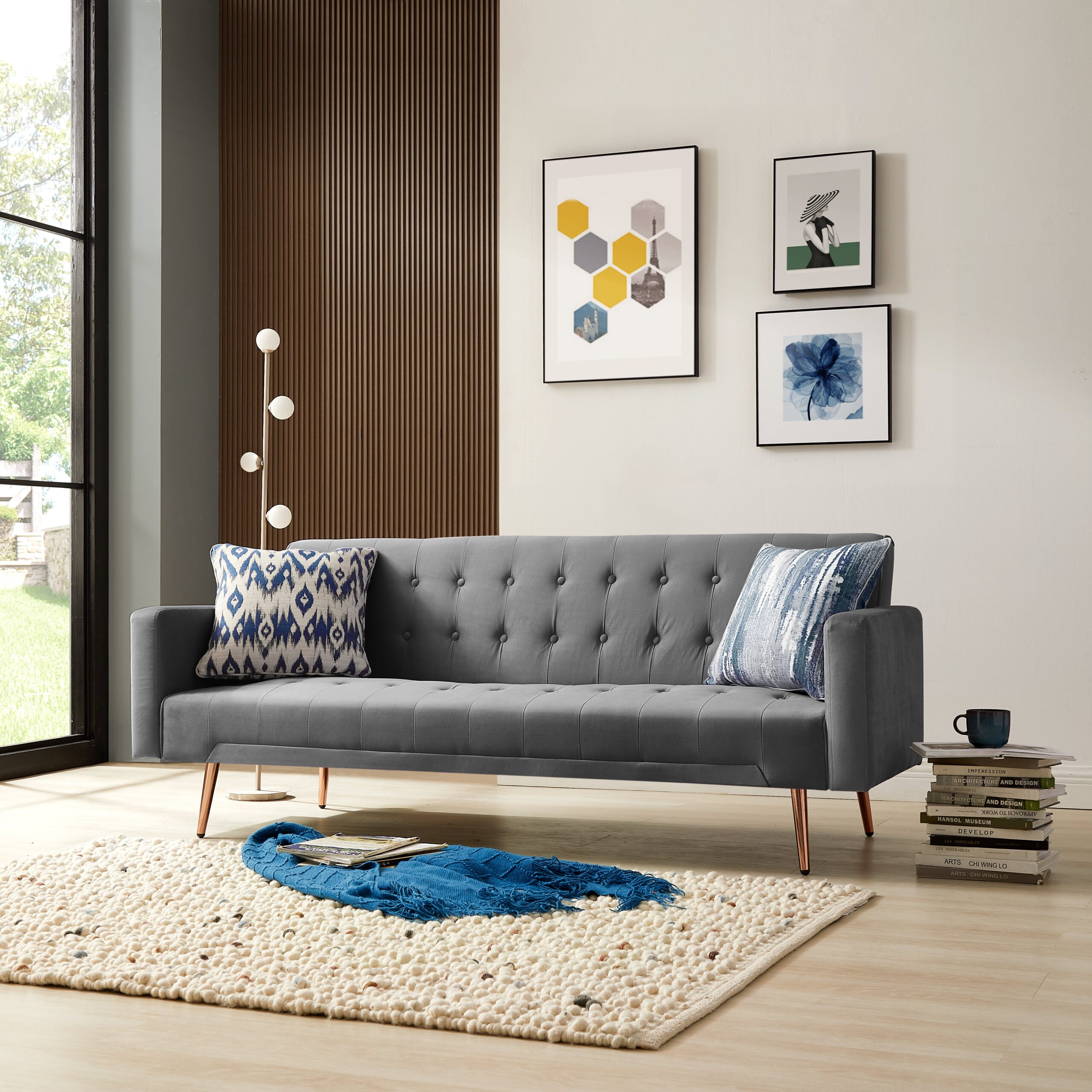 Windsor Velvet Sofa Bed With Rose Gold Metal Legs, Grey Velvet - Image 7