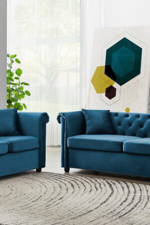 Ascot Chesterfield Fabric 2+3 Seater Sofa, Blue Velvet