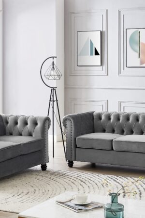 Chesterfield Velvet Fabric 2+3 Seater Sofa Set, Grey