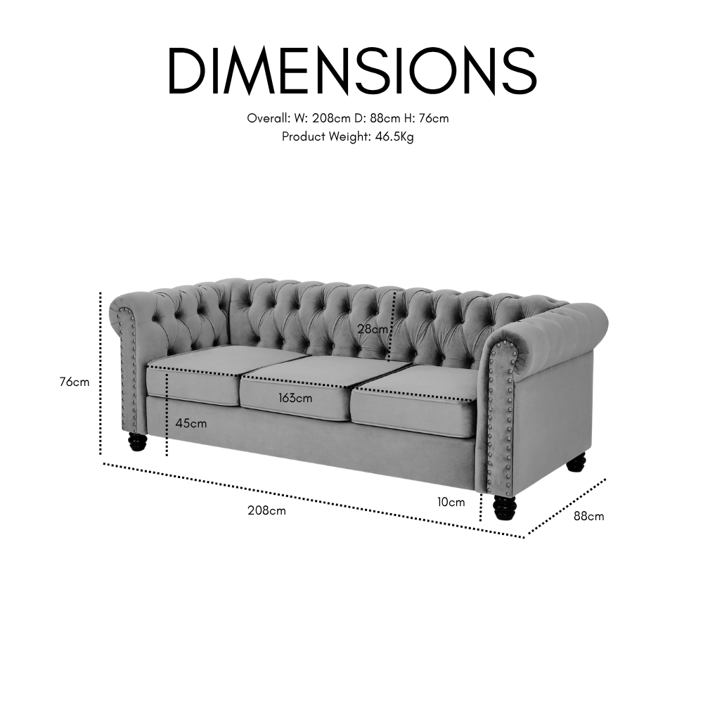 Chesterfield Velvet Fabric 2+3 Seater Sofa Set, Blue Velvet - Image 9
