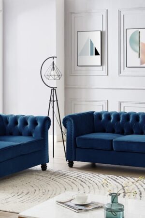 Chesterfield Velvet Fabric 2+3 Seater Sofa Set, Blue Velvet