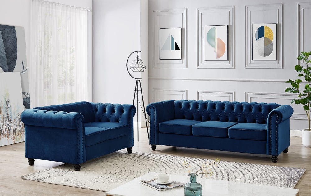 Chesterfield Velvet Fabric 2+3 Seater Sofa Set, Blue Velvet