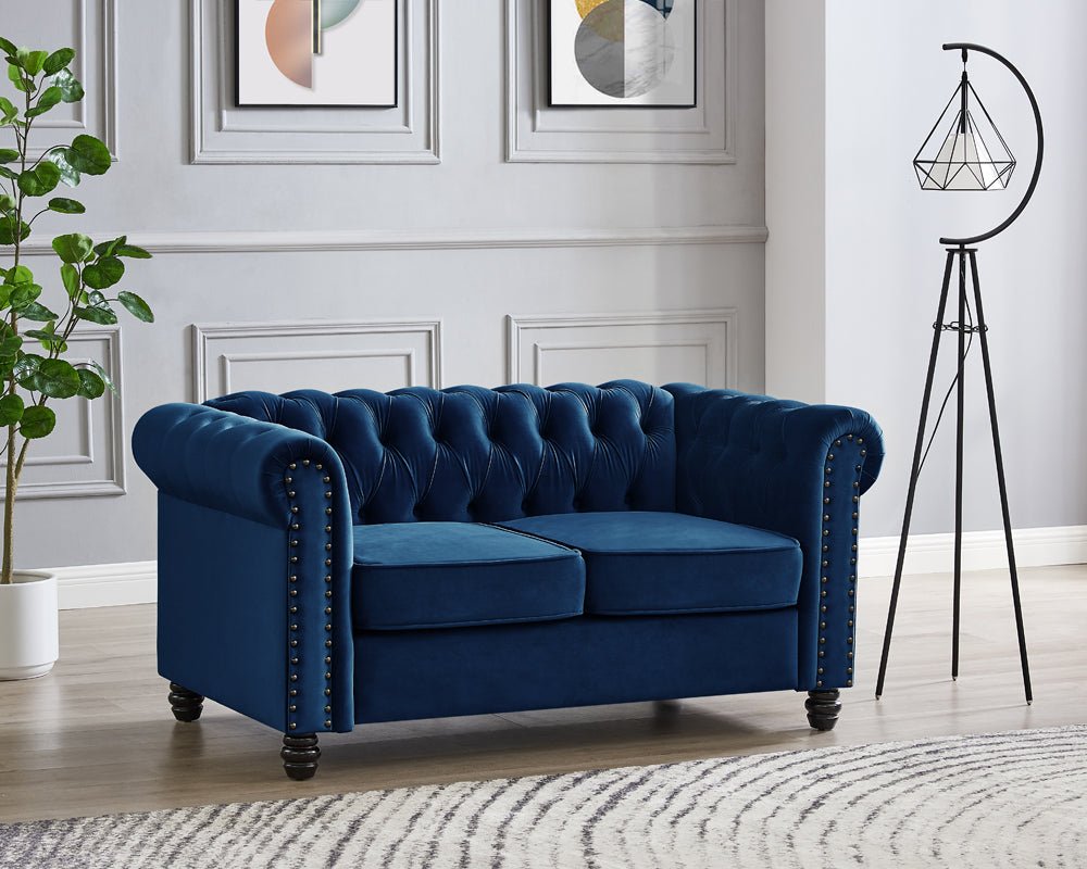 Chesterfield Velvet Fabric 2+3 Seater Sofa Set, Blue Velvet - Image 2