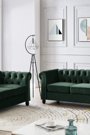 Chesterfield Velvet Fabric 2+3 Seater Sofa Set, Green Velvet