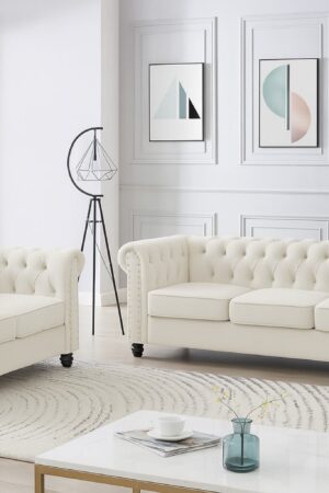 Chesterfield Velvet Fabric 2+3 Seater Sofa Set, Cream Velvet