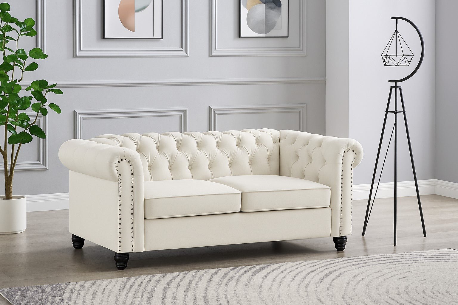 Chesterfield Velvet Fabric 2+3 Seater Sofa Set, Cream Velvet - Image 2