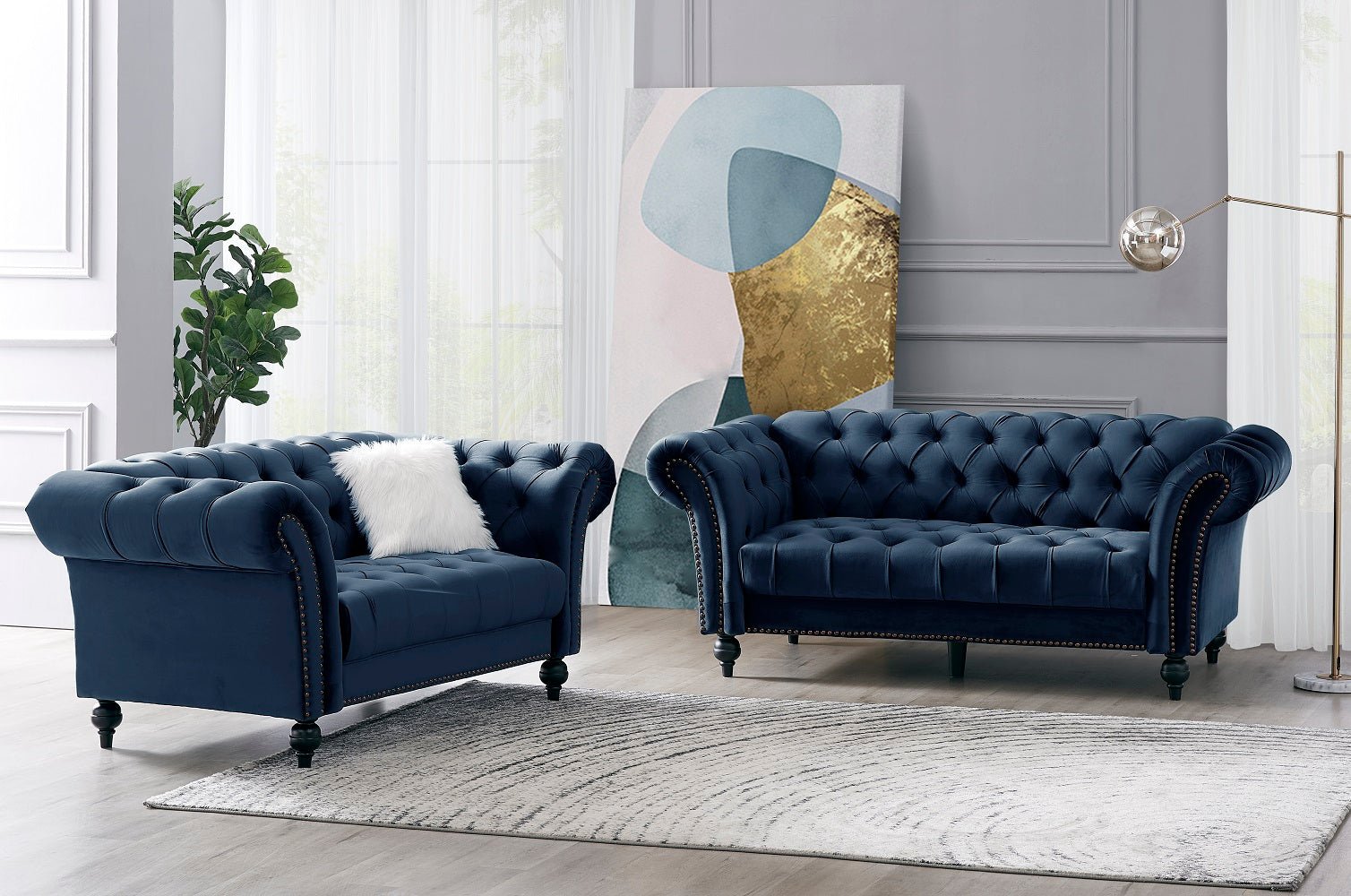 Mayfair Velvet Fabric 2+3 Seater Sofa Set, Midnight Blue Velvet