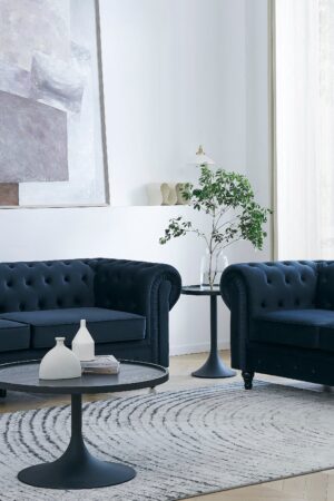 Chesterfield Pleat Velvet Fabric 2+3 Seater Sofa Set, Midnight Blue Velvet