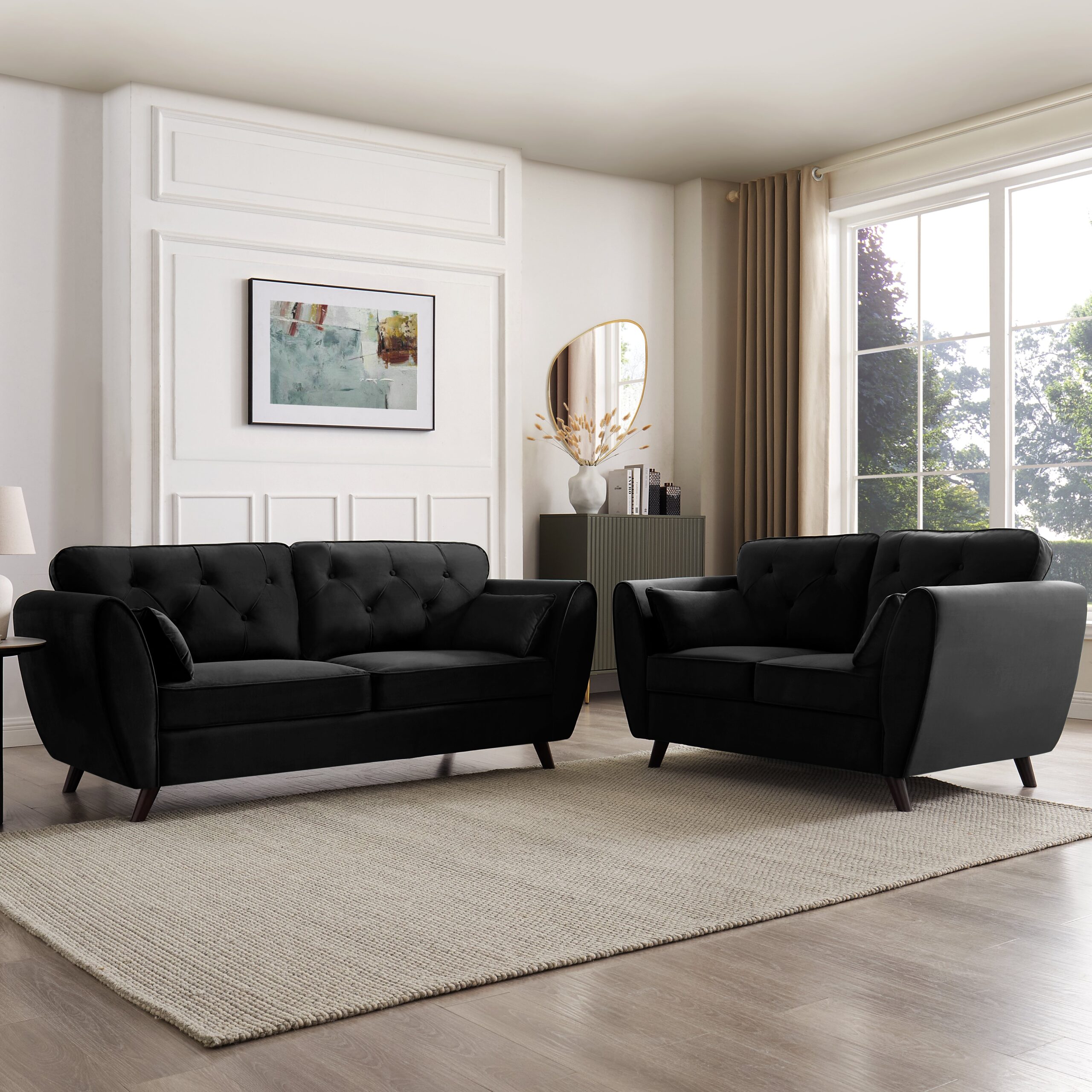Monroe 2+3 Seater Sofa Set, Black Velvet
