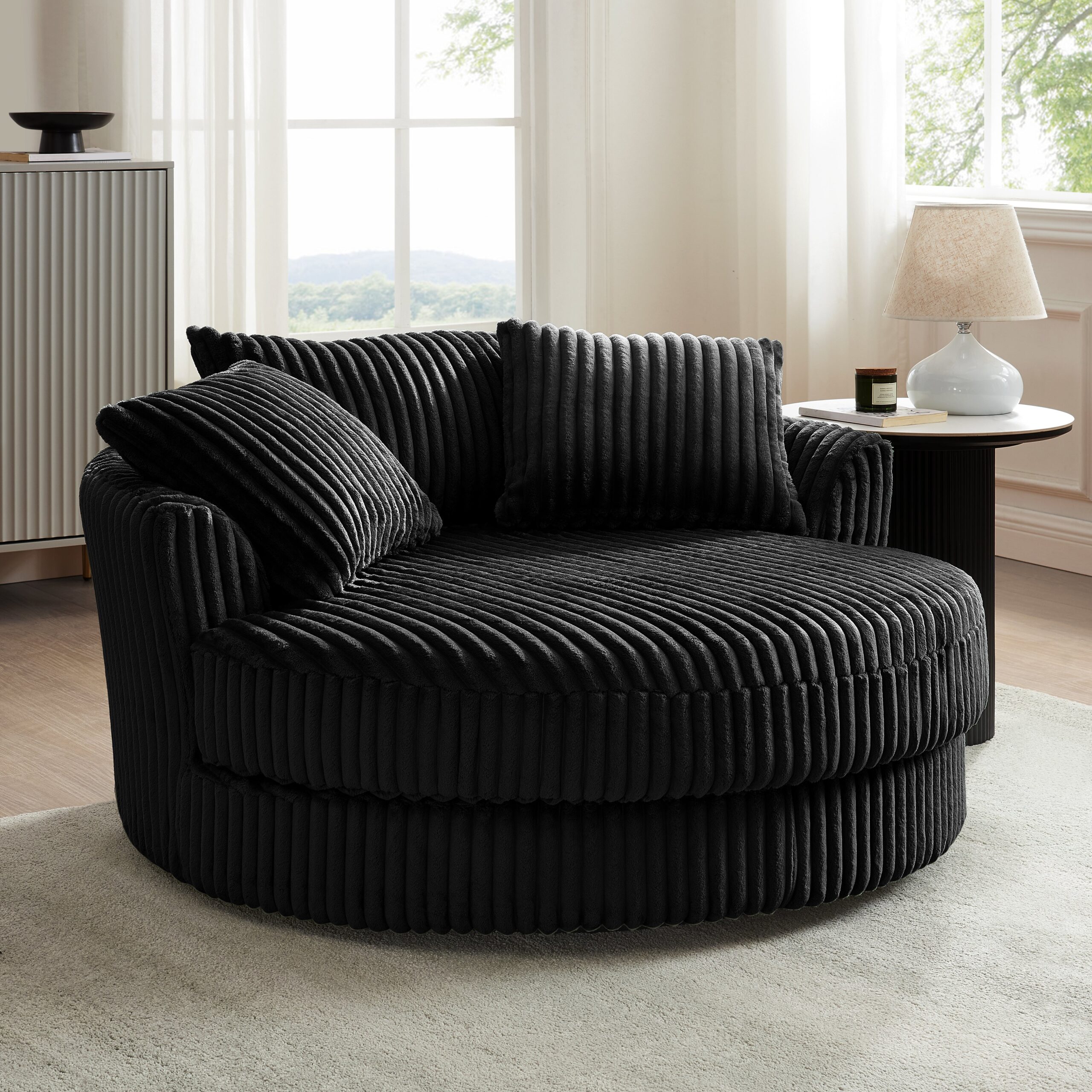 Skyler Swivel Loveseat, Black Teddy Jumbo Cord