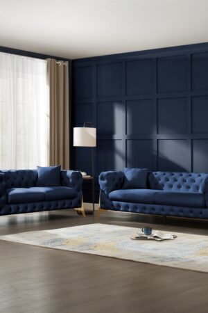 Jaguar 2+3 Seater Sofa Set Chesterfield Design Velvet, Dark Blue Velvet