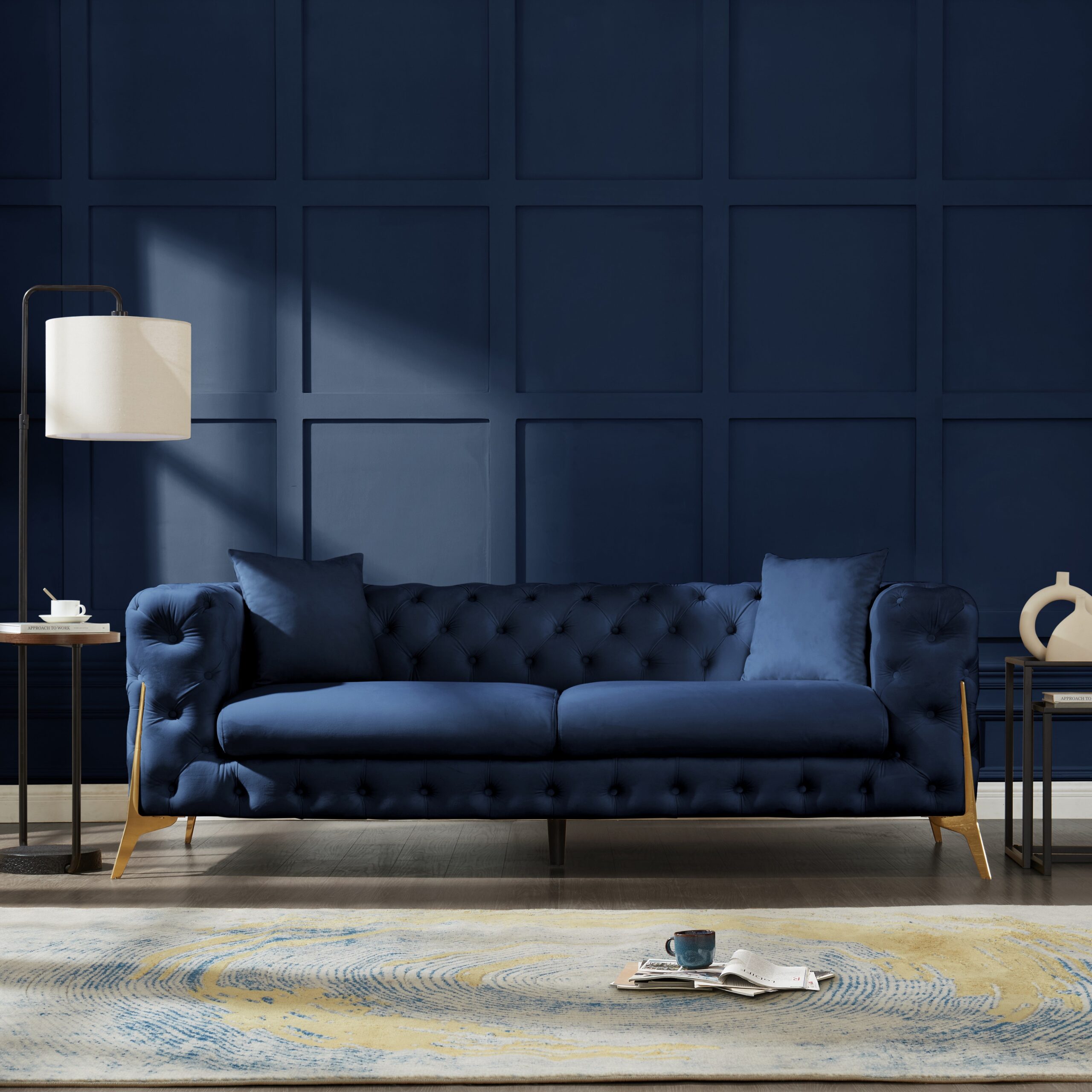 Jaguar 2+3 Seater Sofa Set Chesterfield Design Velvet, Dark Blue Velvet - Image 3