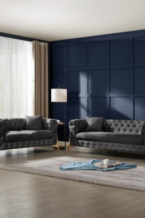 Jaguar 2+3 Seater Sofa Set Chesterfield Design Velvet, Dark Grey Velvet