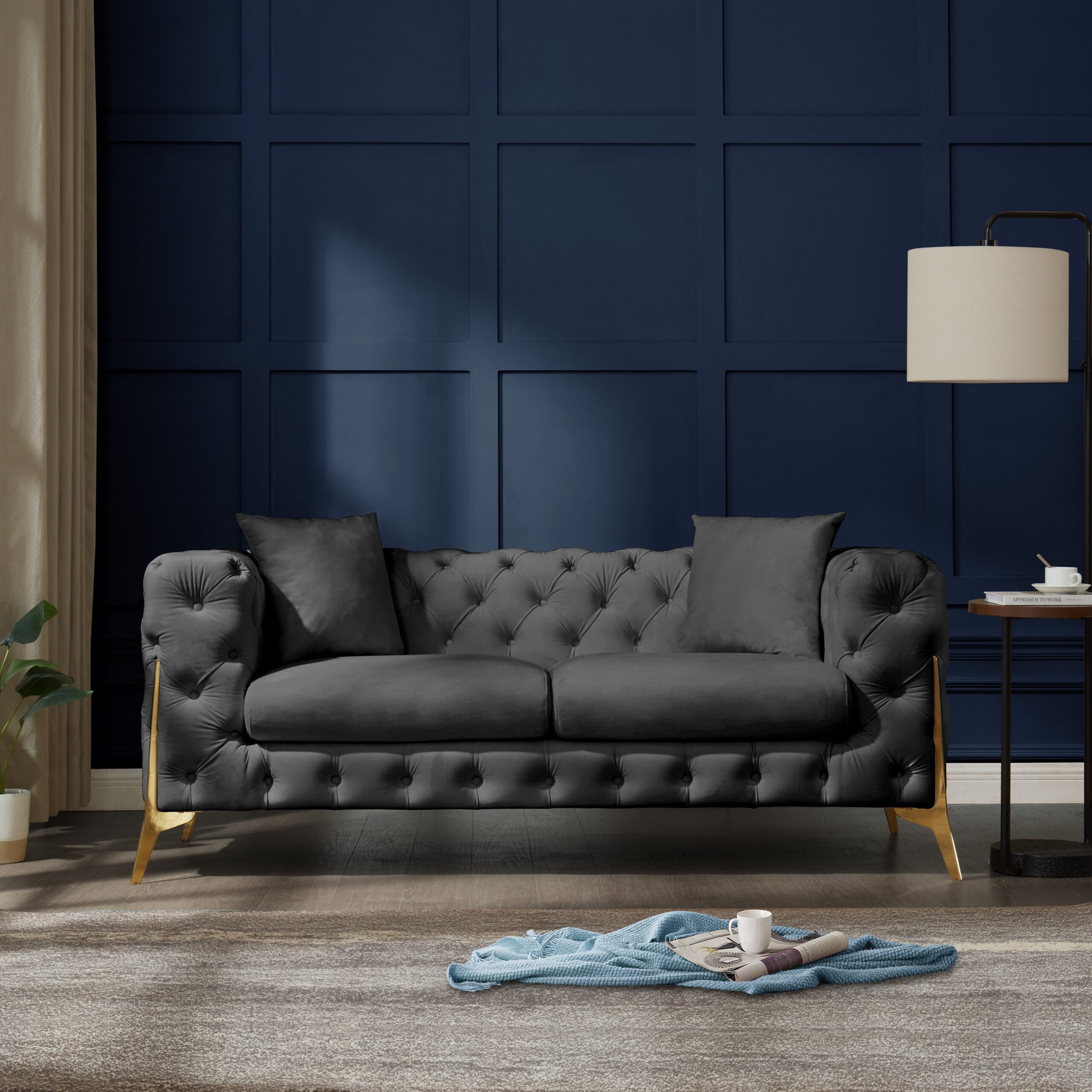 Jaguar 2+3 Seater Sofa Set Chesterfield Design Velvet, Dark Grey Velvet - Image 2