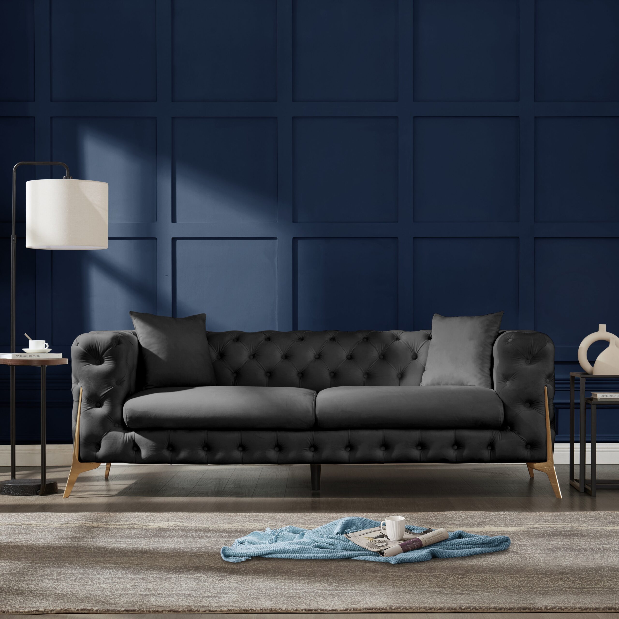 Jaguar 2+3 Seater Sofa Set Chesterfield Design Velvet, Dark Grey Velvet - Image 3