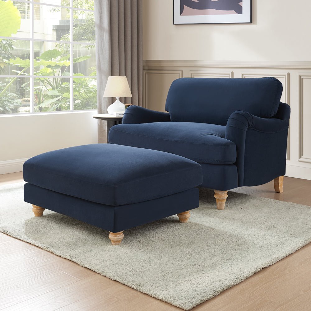 Oxford Loveseat with Footstool, Navy Blue Velvet