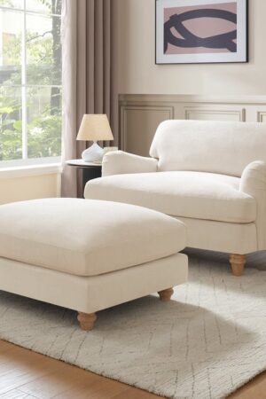 Oxford Loveseat with Footstool, Ivory Linen